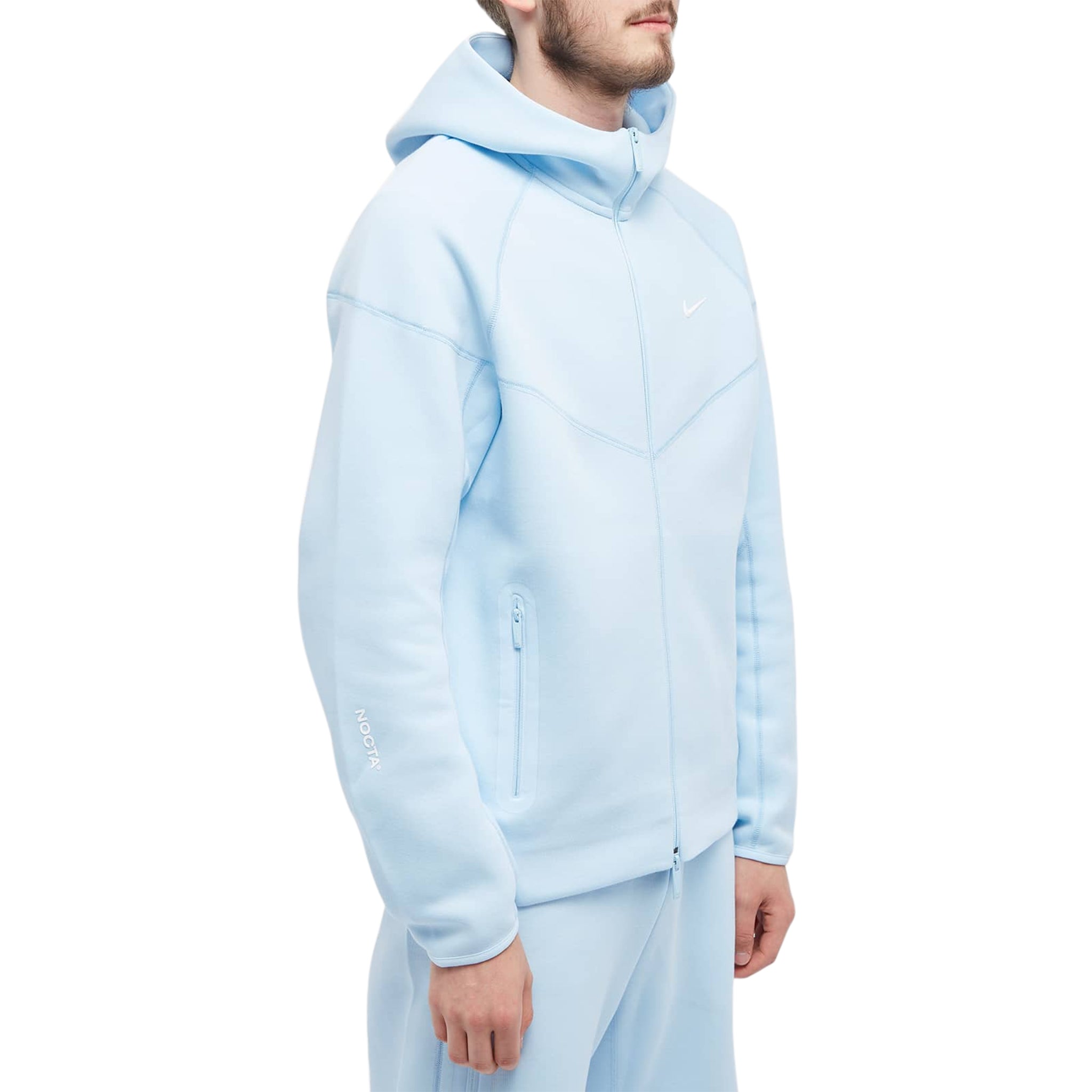 close up model view of nike x nocta tech fleece blue zip up hoody fd8453-428